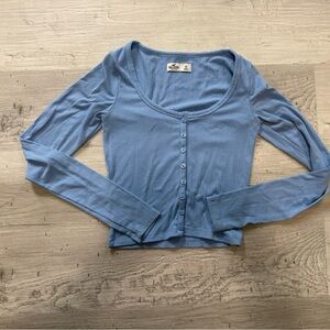 Blue Button-Up Ribbed Women's Top Hollister